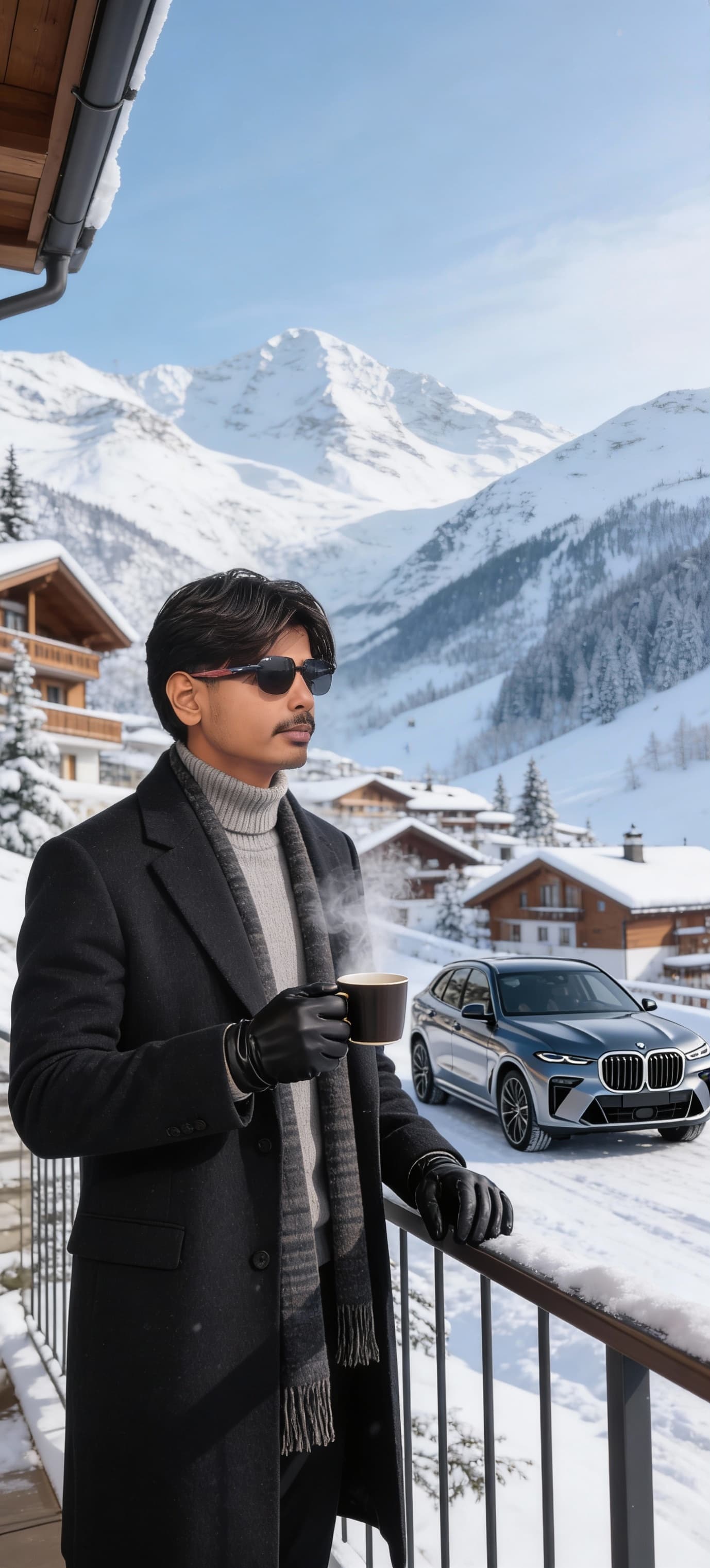 AI generated: A hyper detailed cinematic scene featuring use uploaded face 100% as reference as a winter luxury co...