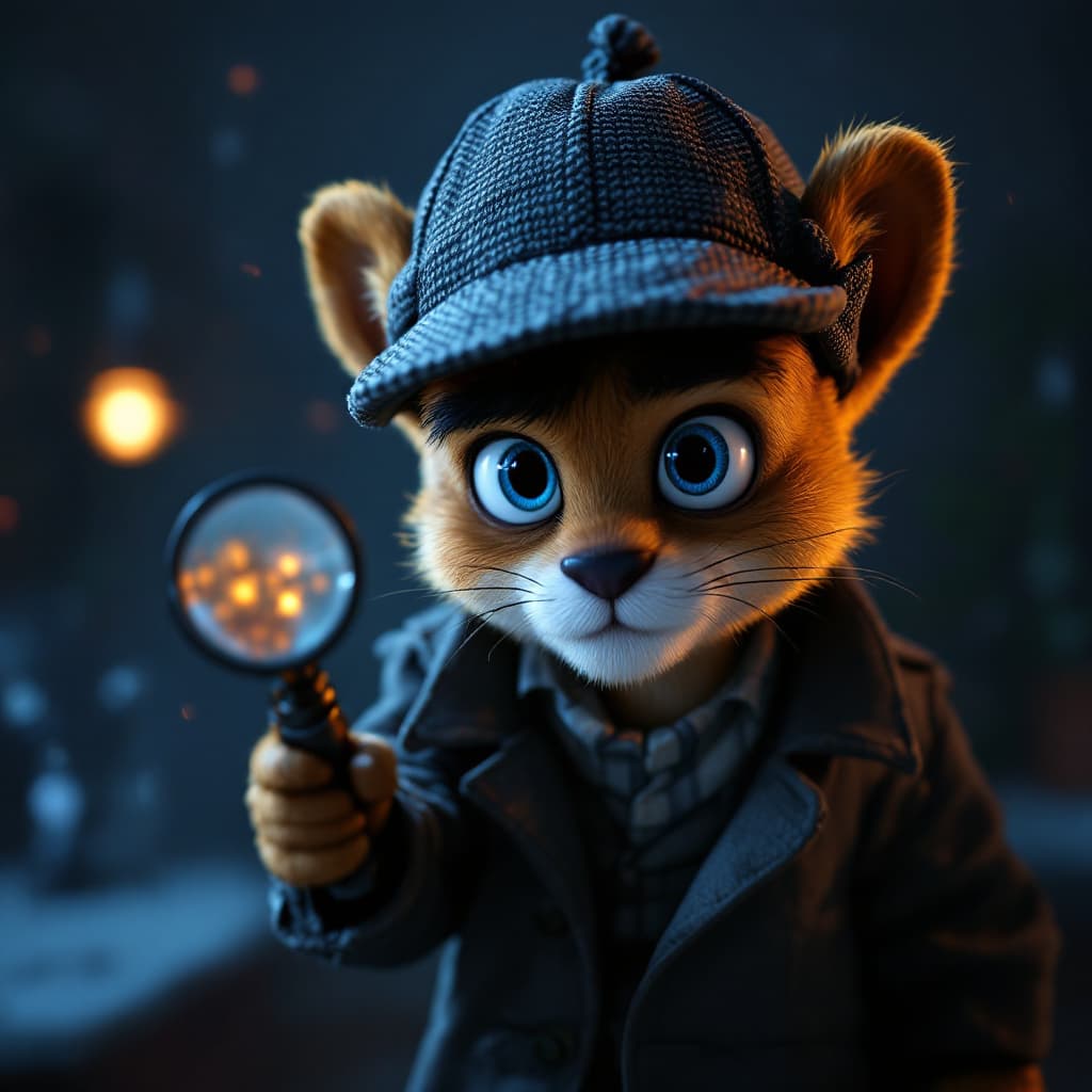 AI generated: cut little boy 
cub dressed up as sherlock holmes, blue eyes, investigating a crime, pixar-style, ul...