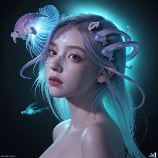AI generated: Goddess close-up portrait ribcagel. jellyfish phoenix head, nautilus, orchid, skull, betta fish, bio...