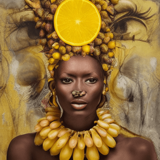 AI generated: a mural of woman on a yellow wall with fruit on her head, in the style of ingrid baars, 32k uhd, ben...