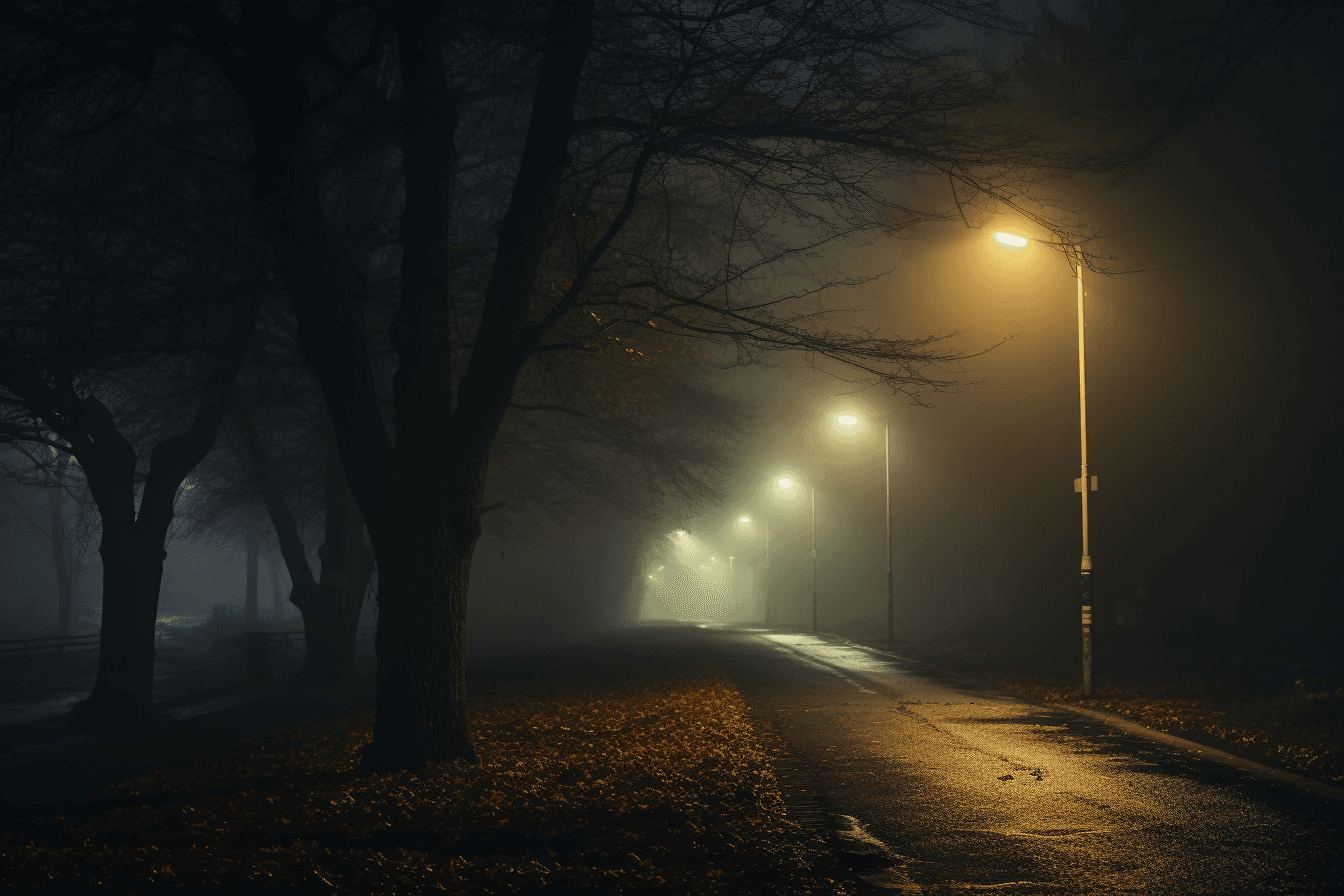 AI generated: photograph of an atmospheric foggy night in the countryside with trees and street lights --ar 128:85...