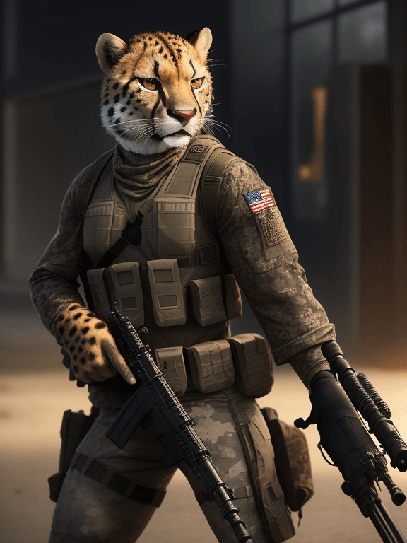 AI generated: Clever captain america cheetah wearing camouflage and sniper gear, holding a sniper rifle, anthropom...