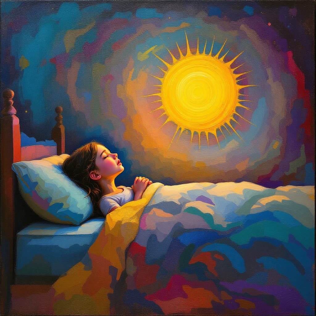 AI generated: A small girl crying in bed. Beside her bed is the sun, in human form, radiating, healing and beautif...
