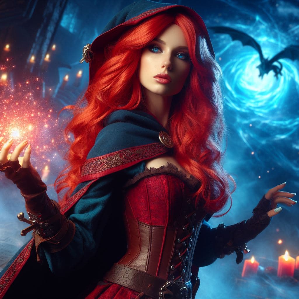 AI generated: female red hair cosplay as sorcerer in DND, background is fantastic cgi