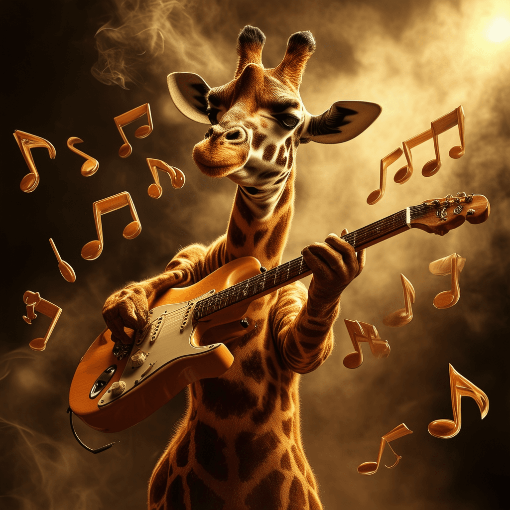 AI generated: Imagine an electric guitar musical instrument being passionately played by a giraffe, musical notes ...