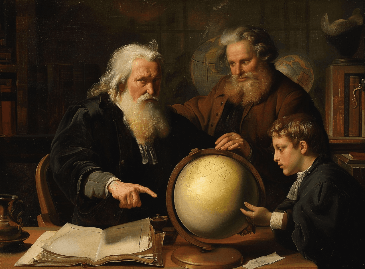AI generated: A painting showing Galileo sitting with his student in the studio, while he shows an old globe and i...