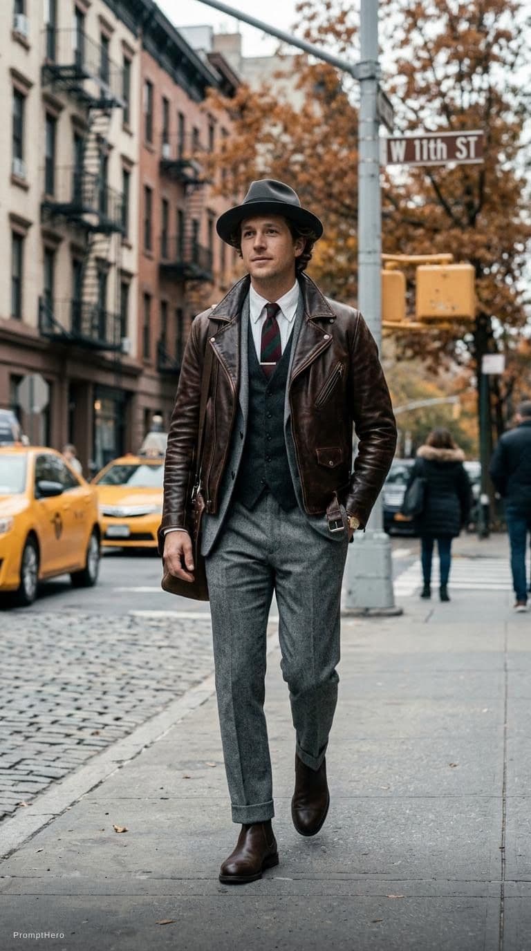 AI generated: old money style, menswear inspo, vintage mens fashion, leather jacket outfit men, three piece suit, ...