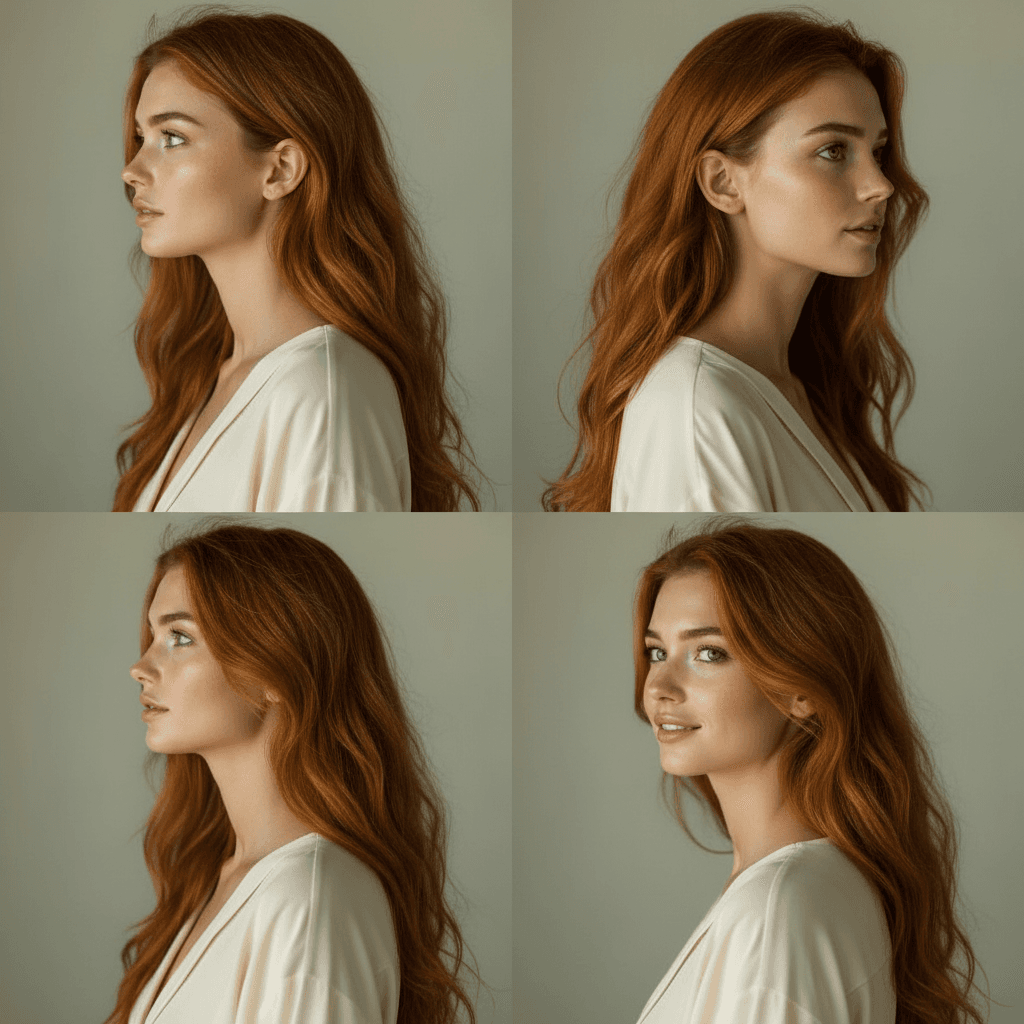 AI generated: Ultra-realistic portrait headshots of the same woman, maintaining 100% facial consistency, ginger ha...