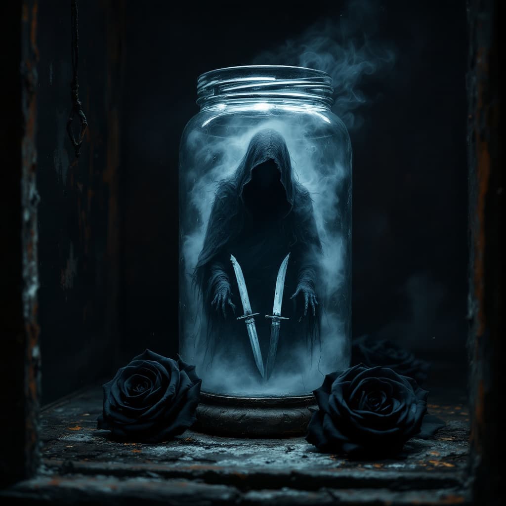 AI generated: close-up, darkness, style macabre, evil specter and fog trapped inside a glass jar on a dusty and di...