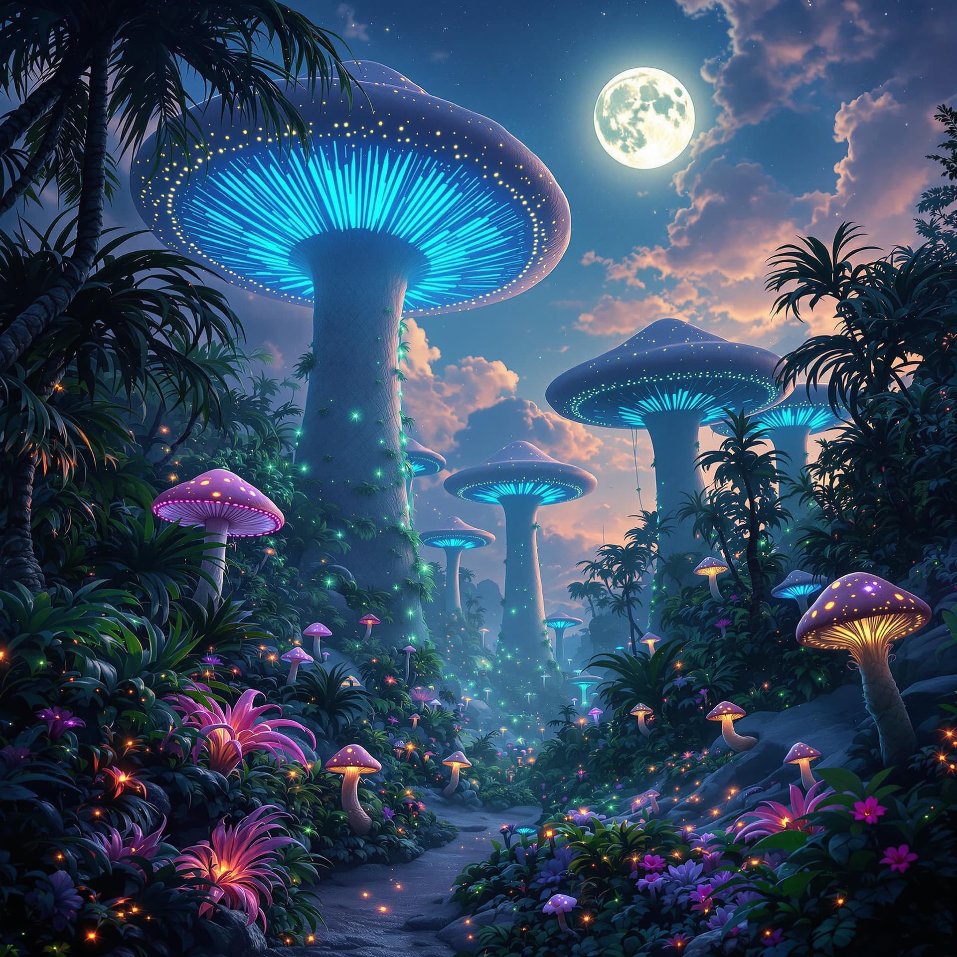 AI generated: A vertical view of an alien tropical jungle, where massive glowing mushrooms with blue and green bio...