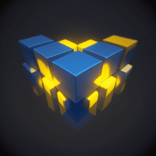 AI generated: blue and yellow cuboids with rounded corners with word Cerebro on them floating in 3d space like aft...