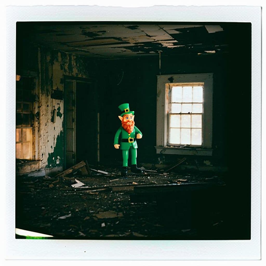 AI generated: grainy 80's photograph quality polaroid of a leprechaun caught in an abandoned house, dark
