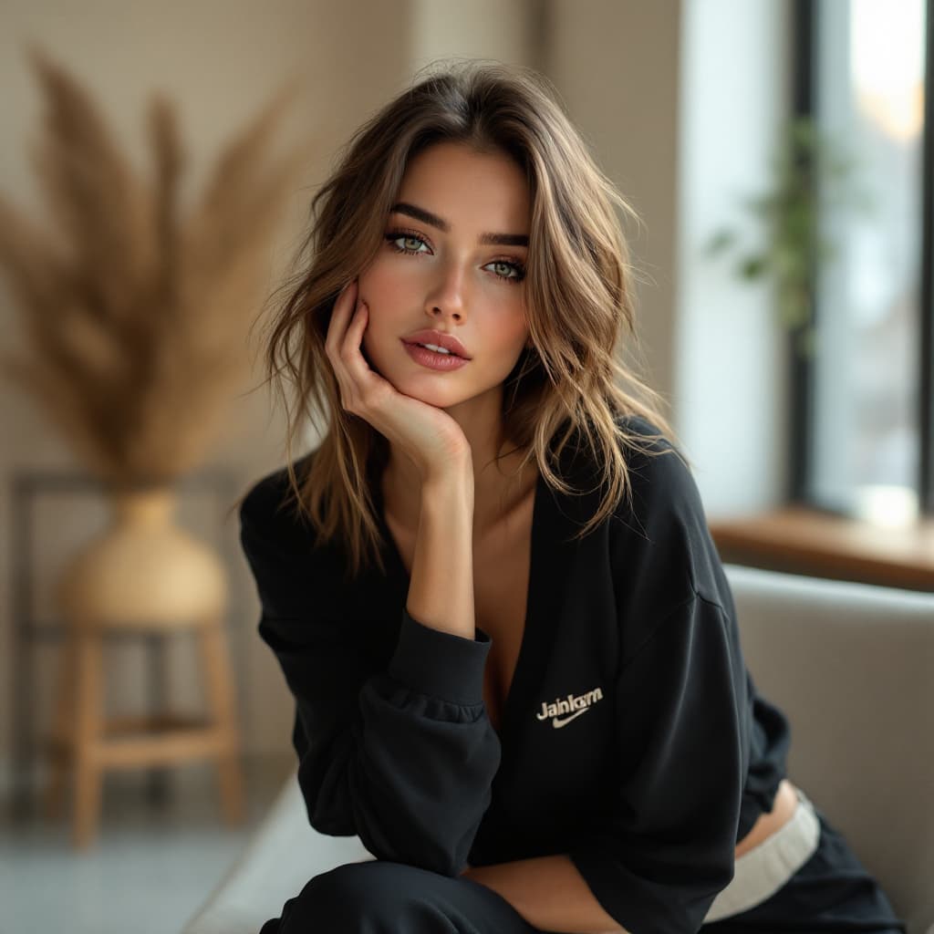 AI generated: fashion editorial photography, three-quarter shot, seated pose, professional female model, shot with...
