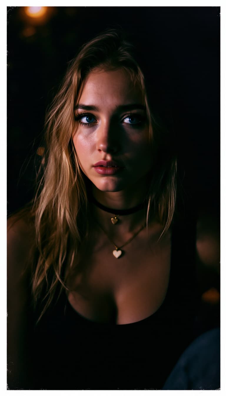 AI generated: A woman with long blonde hair and striking blue eyes, adorned with a choker necklace featuring a hea...