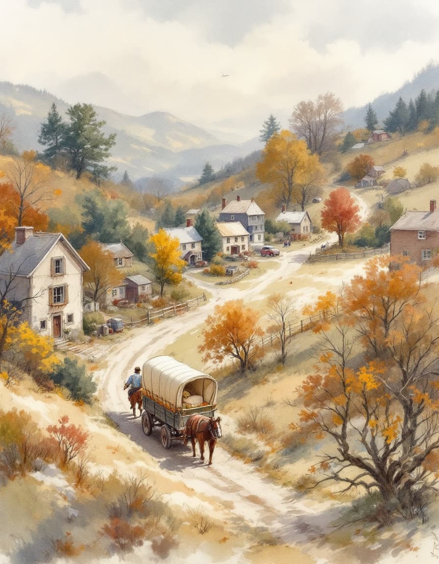 AI generated: a John Constable watercolor painting in a high angle perspective of a small hamlet in  the foothills...