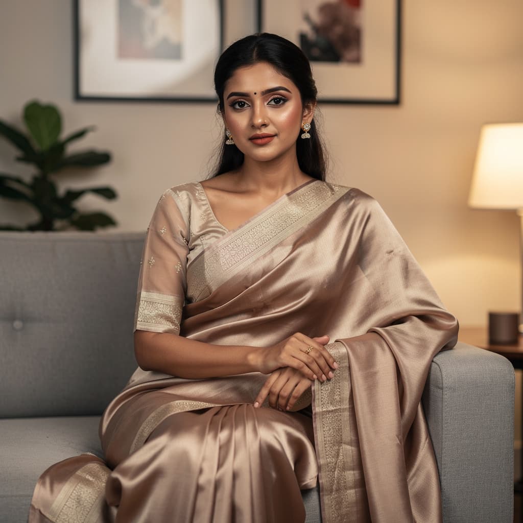 AI generated: a beautifull indian women wearing satin silk saree and fully translucent sheer effect blouse.  she h...