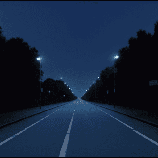 AI generated: A blue landscaped empty road with street lights at night as a DVD screengrab 80s film poster 