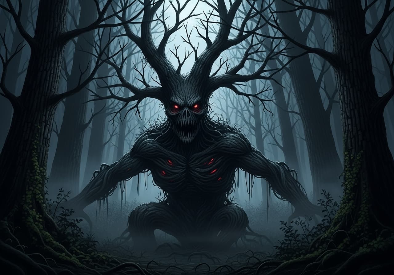 AI generated: a tree - depicts a scary creature hiding in a dark forest, evil looking eyes, ready to hunt you!