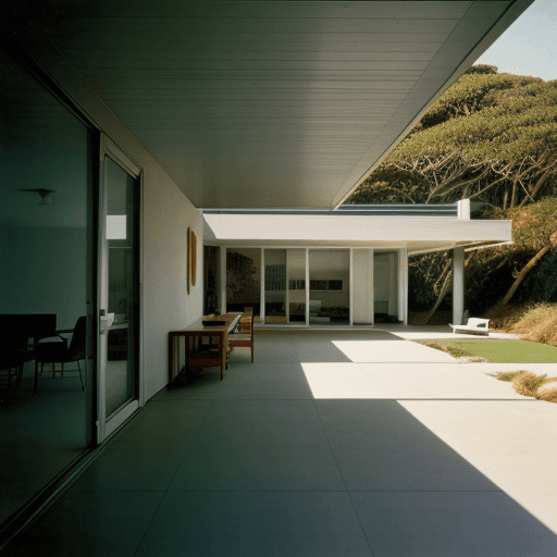 AI generated: Hyper realistic eye level exterior photo of a mid century modern style house overlooking the ocean, ...