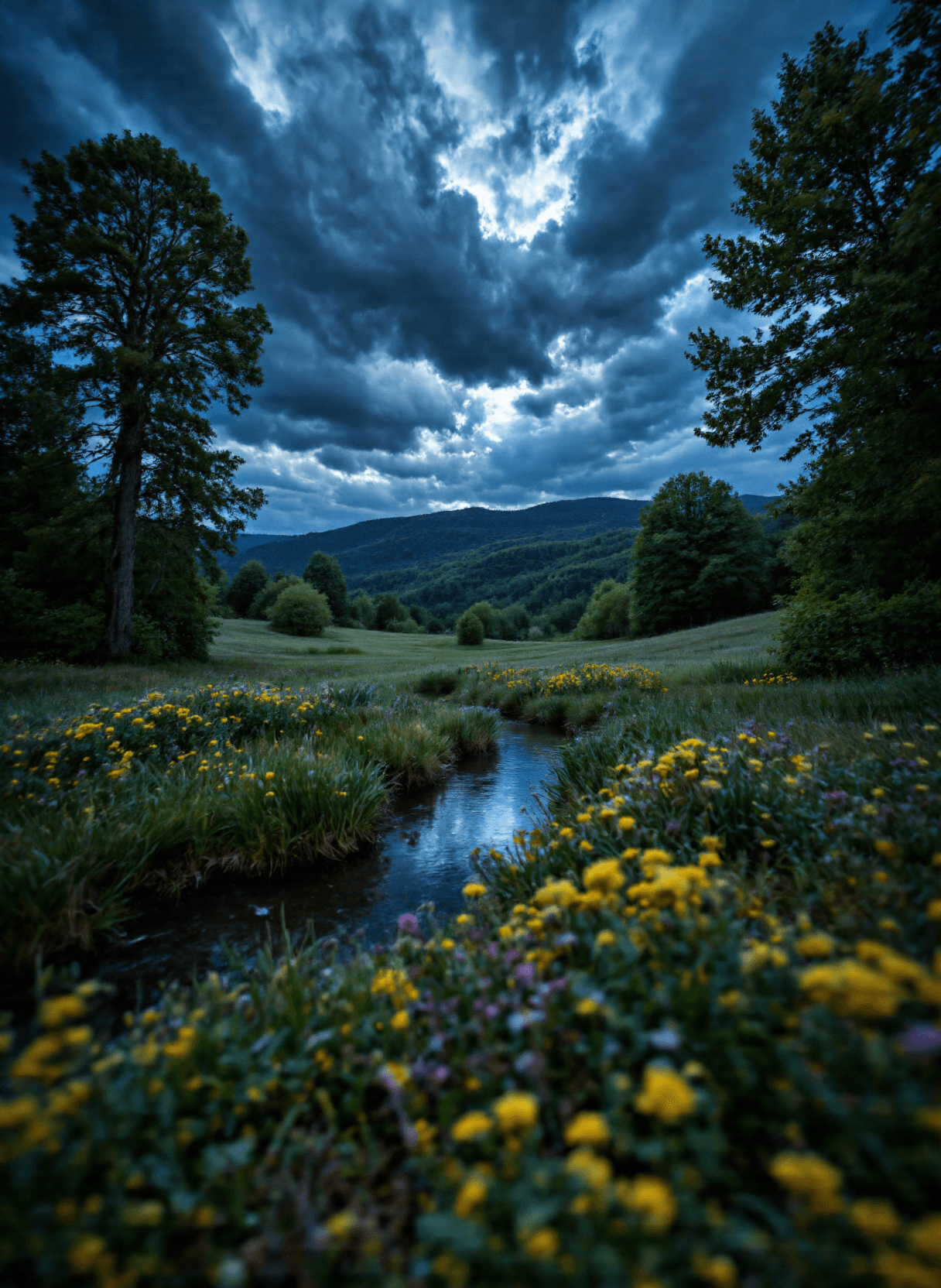 AI generated: The image depicts a dramatic landscape scene during a stormy day. The sky is filled with dark, omino...