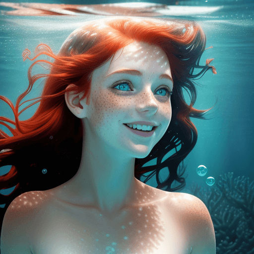 AI generated: photorealistic amazingly beautiful girl underwater looking away from camera, dark, tiny bubbles from...