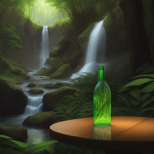 AI generated: There is a bottle on the table, and in the bottle is a forest with a waterfall.
