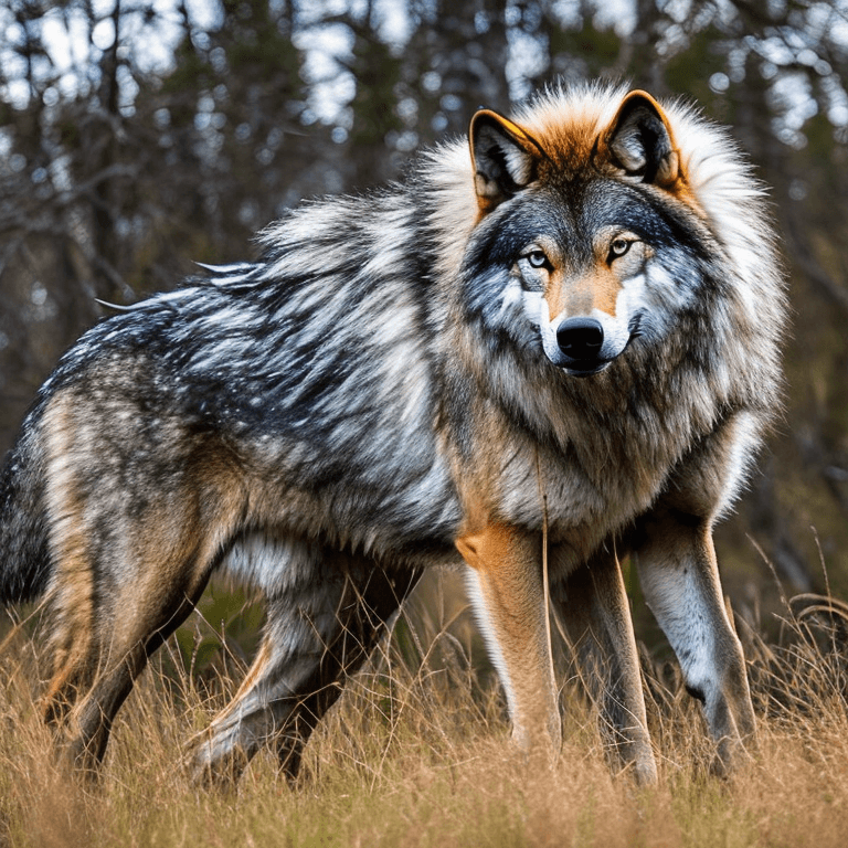 AI generated: A photo of a fierce wolf warrior, dressed in armor, standing in a grassy field, fangs and glowing bl...