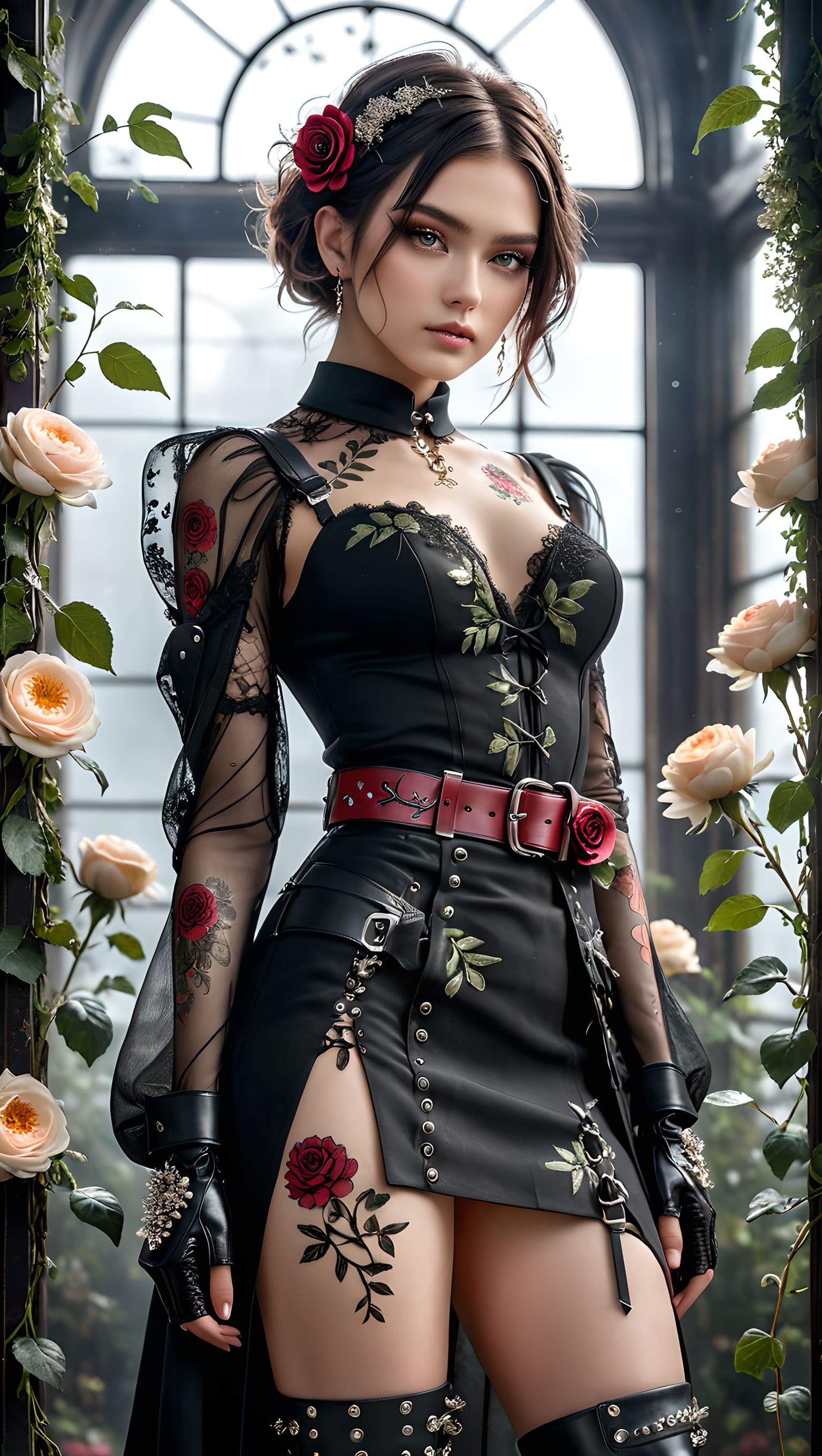 AI generated: A bold synthesis of floral romanticism and industrial punk, a bodice shaped from pressed-flower-infu...