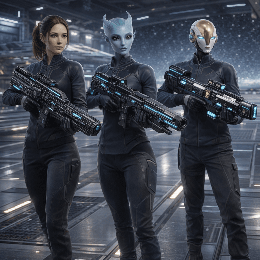 AI generated: Create an image where all the charactes are  holding the reference weapons in a formation. Change ba...