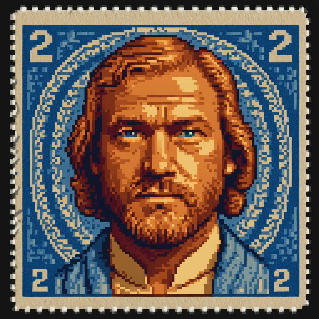 AI generated: 16 bit pixel art, vintage United States Postage Stamp, 2 cent stamp, Obi Wan Kenobi, blue ink, line ...