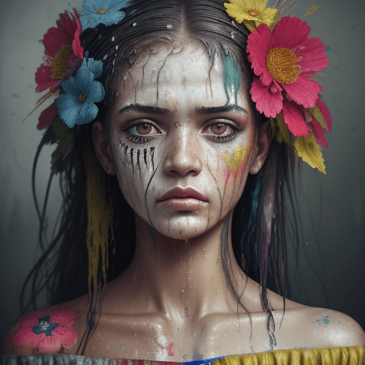 AI generated: wet paint, portrait of brazilian wome, Colored Dress, with a depressed look, In a flowered , with ba...