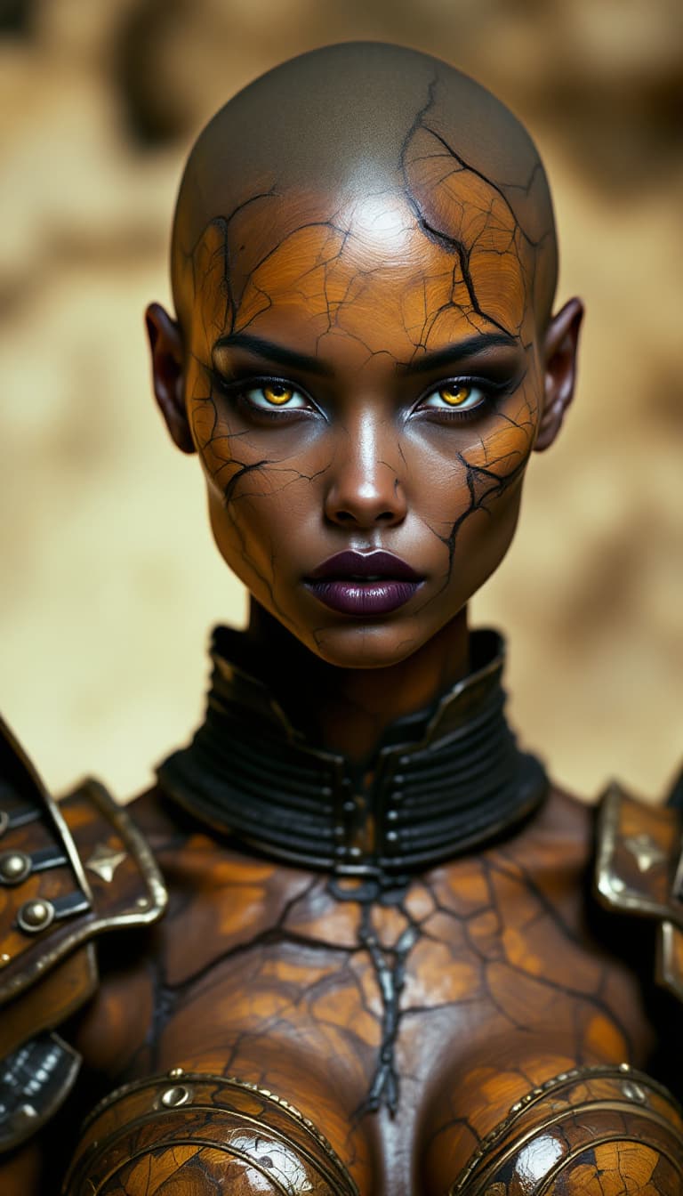 AI generated: A beautiful, bald woman with skin made entirely of petrified wood texture, enigmatic gaze, reptilian...