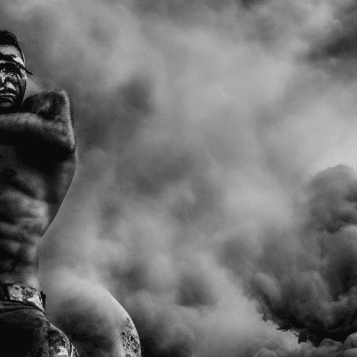 AI generated: Create a striking and powerful portrait of a warrior in battle. Use a Nikon D850 camera with a 70-20...