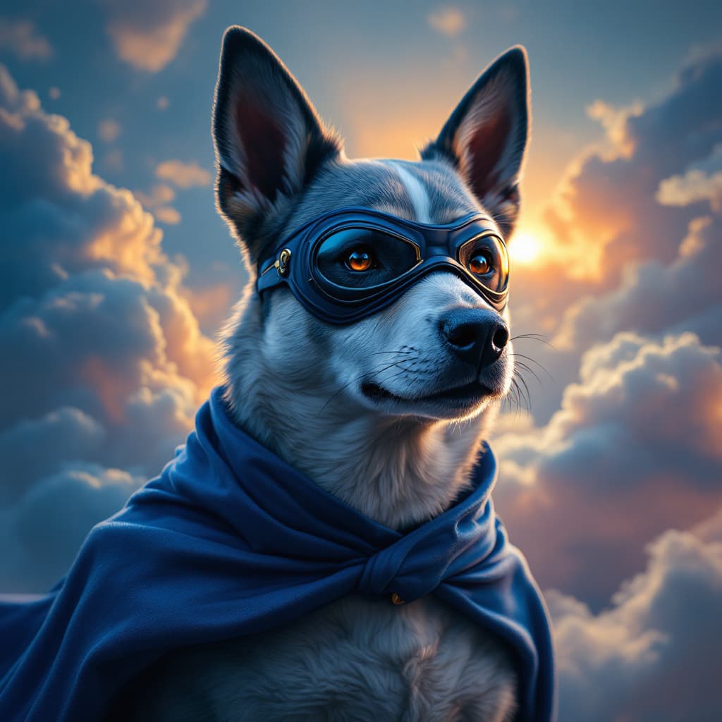 AI generated: photo illustration of a dog superhero with a mask and aq cape from a world in the clouds, in the sty...