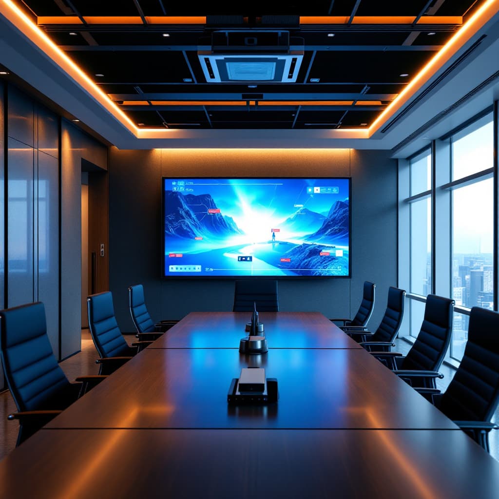 AI generated: Create a marketing photo for audio-visual solutions showing a meeting room with all AV solutions lik...