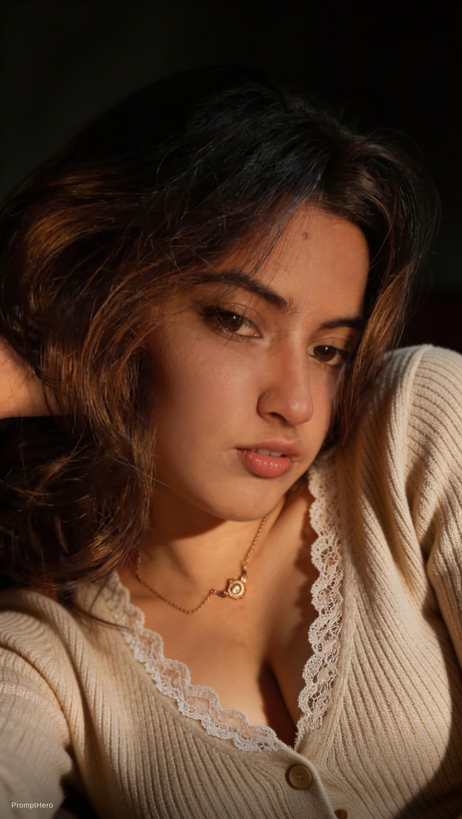 AI generated: A photorealistic close-up portrait of an adult woman in a dimly lit, moody studio setting, captured ...