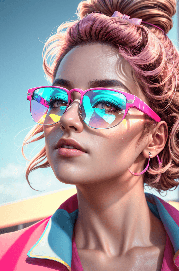 AI generated: (masterpiece, digital illustration, best quality), 1980s style, cute woman with pink glasses and a p...