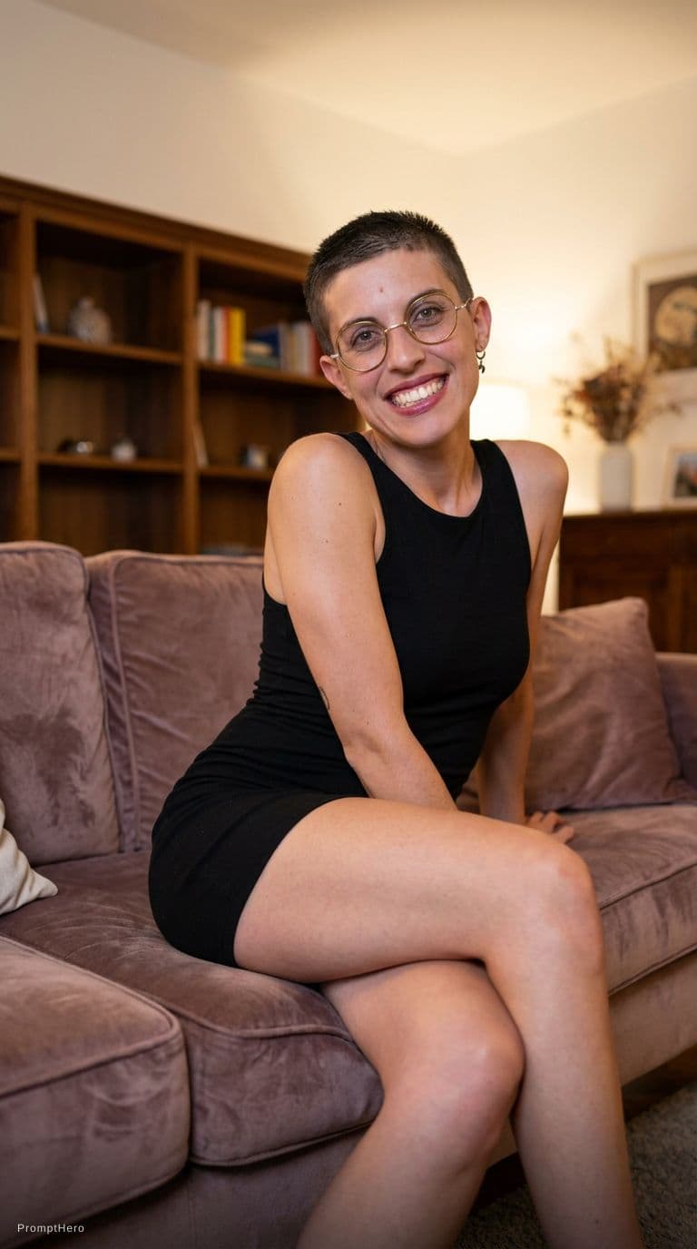 AI generated: wearing a mini bodycon dress at home, seductive sitting on a couch, keep original makeup and feature...