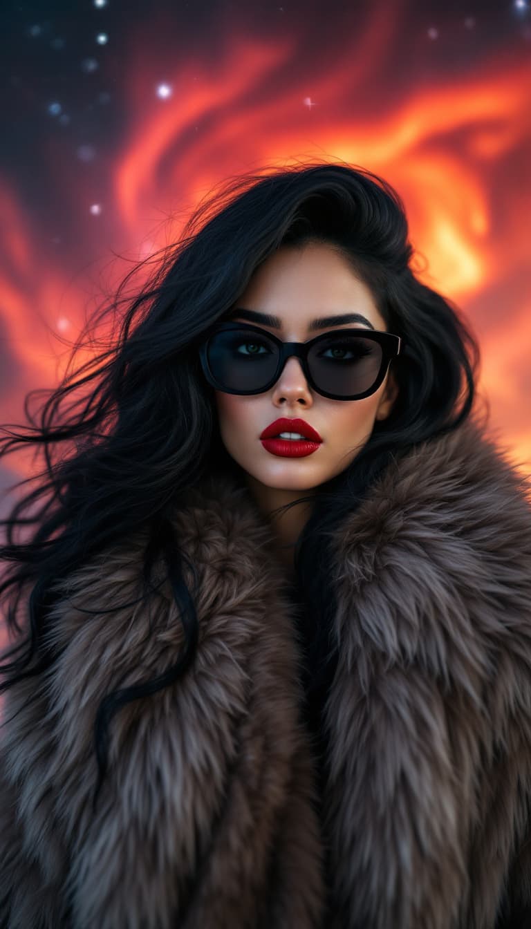 AI generated: Woman, coal-black hair, vermillion lips, voluminous, wool coat, fire-red lips, elegance, vivid setti...