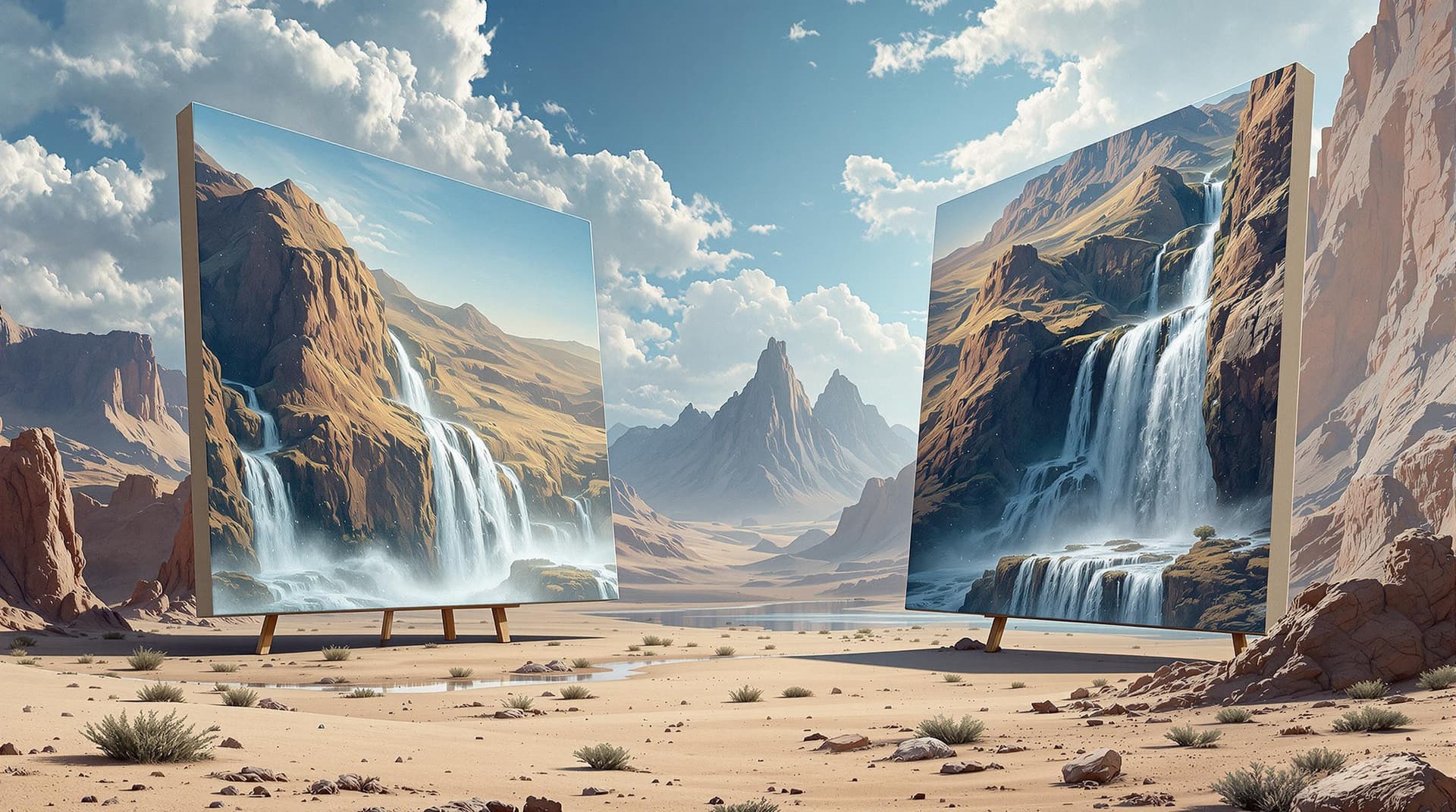 AI generated:   Hyperrealistic surrealist artwork, strong hard light, desert landscape with mountains merging with...