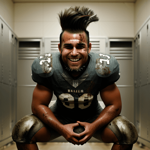AI generated: grinning rugged american football player with a brown mohawk, sweaty and muddy, crouching in a locke...