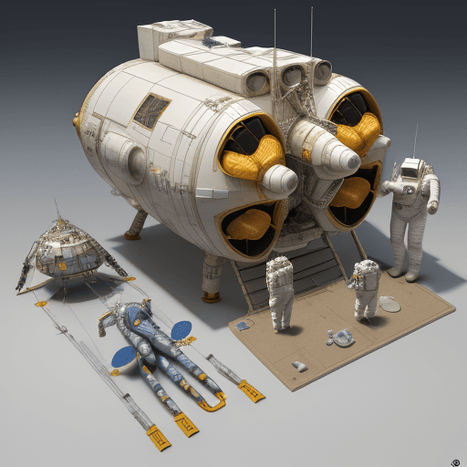 AI generated: 3D model kit style image, astronaut and space exploration equipment, including a spacecraft and plan...