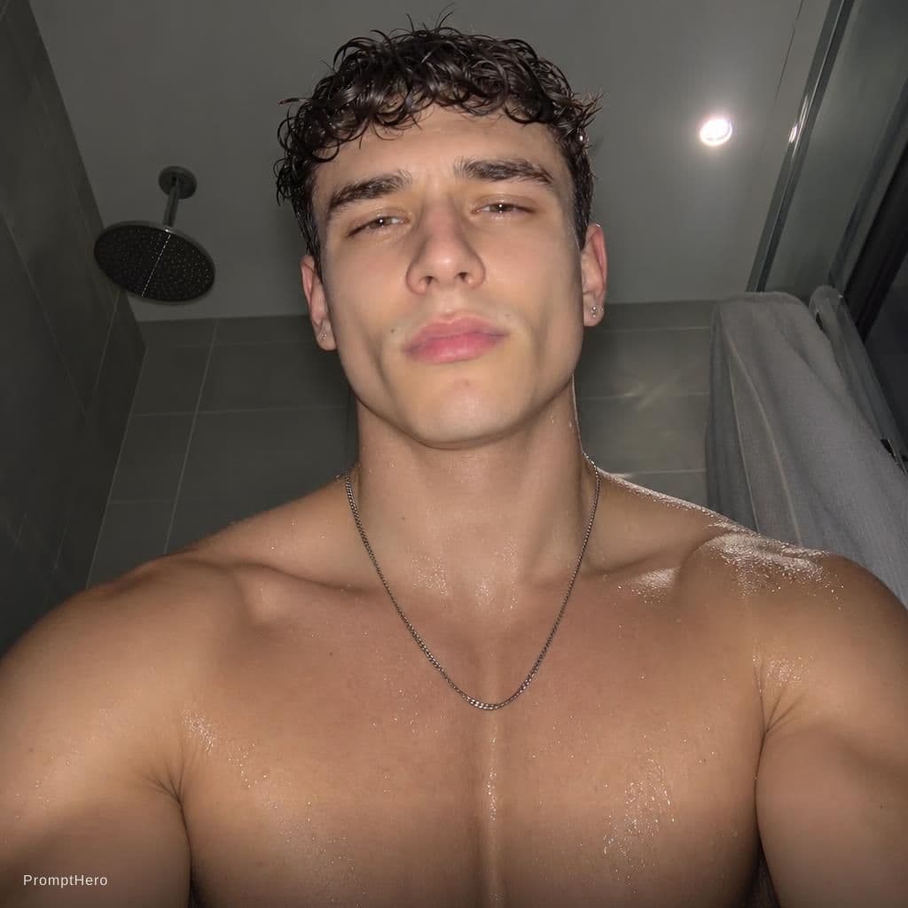 AI generated: Frontal selfie, ultra low-angle shot,  for her girlfirend , showing his face and chest cool pose in ...