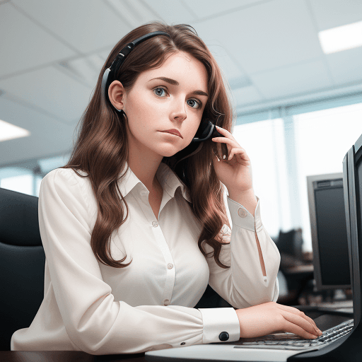 AI generated: A young female customer service officer with wavy brown hair is wearing a white blouse and headset, ...