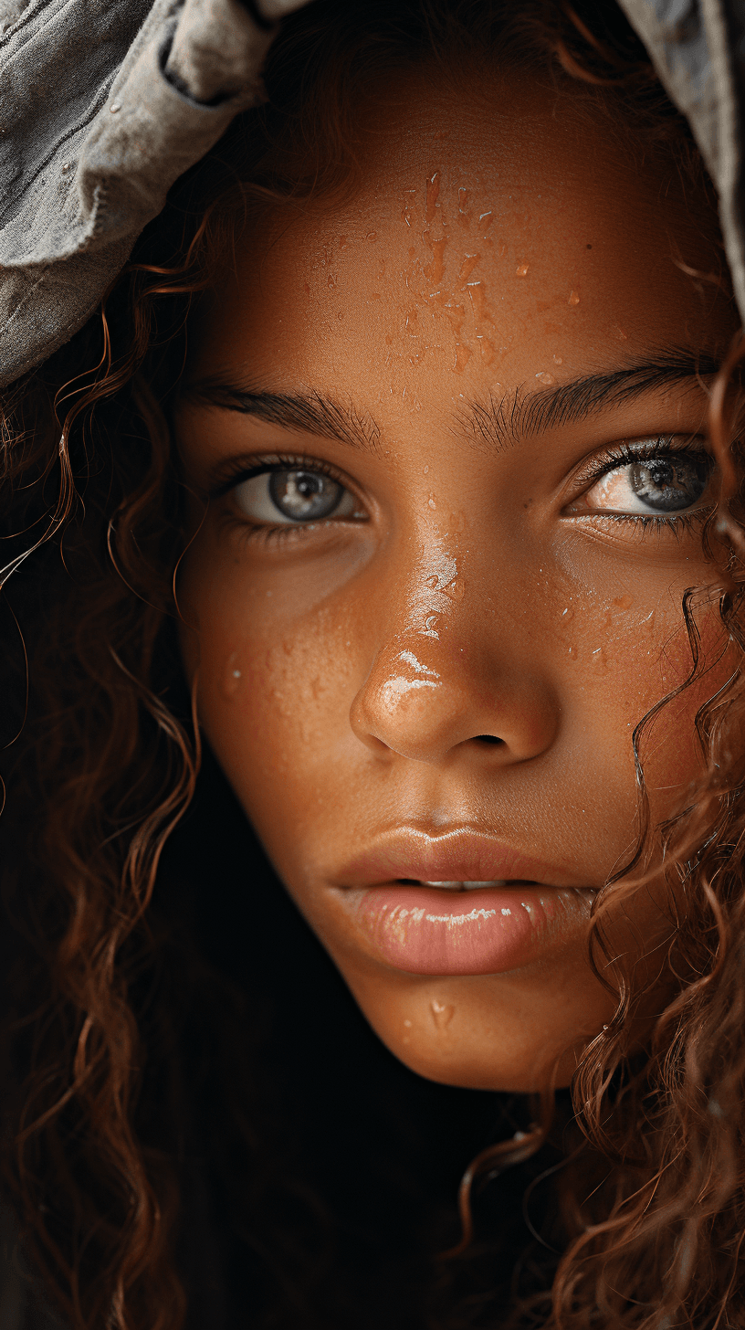 AI generated: a close up of a woman with freckles on her face, albert watson, brown skin like soil, hyperrealistic...
