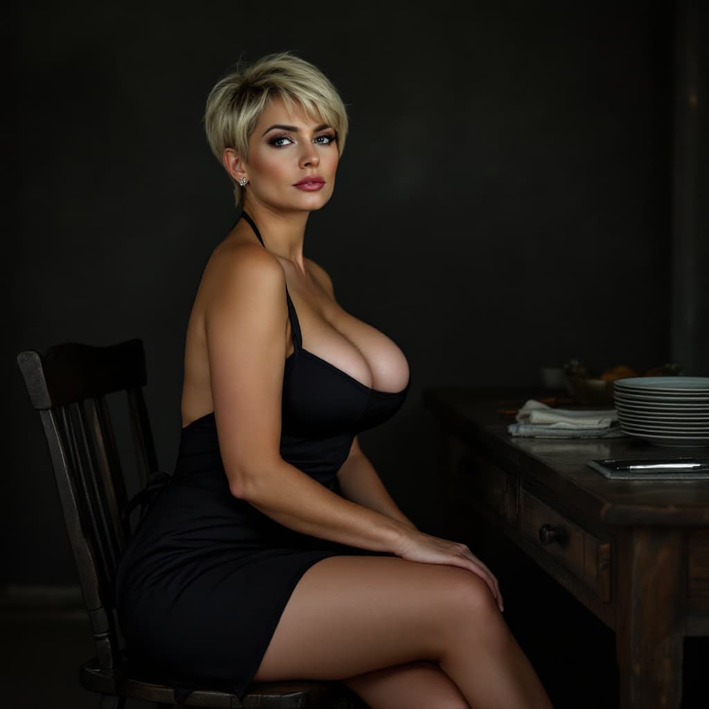 AI generated: 40 years old mature woman, serious face, curve muscle    body, blonde pixie hair, wearing only black...
