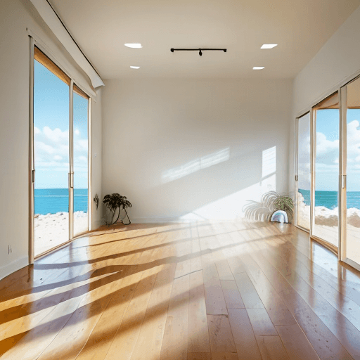 AI generated: Image of a completely empty room with a wood floor leading away from the viewer towards a open wide ...