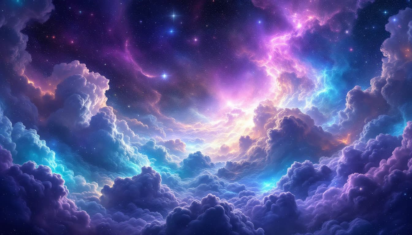 AI generated: "Wide cosmic panorama in shades of purple and turquoise, shimmering fractal patterns, soft glowing n...