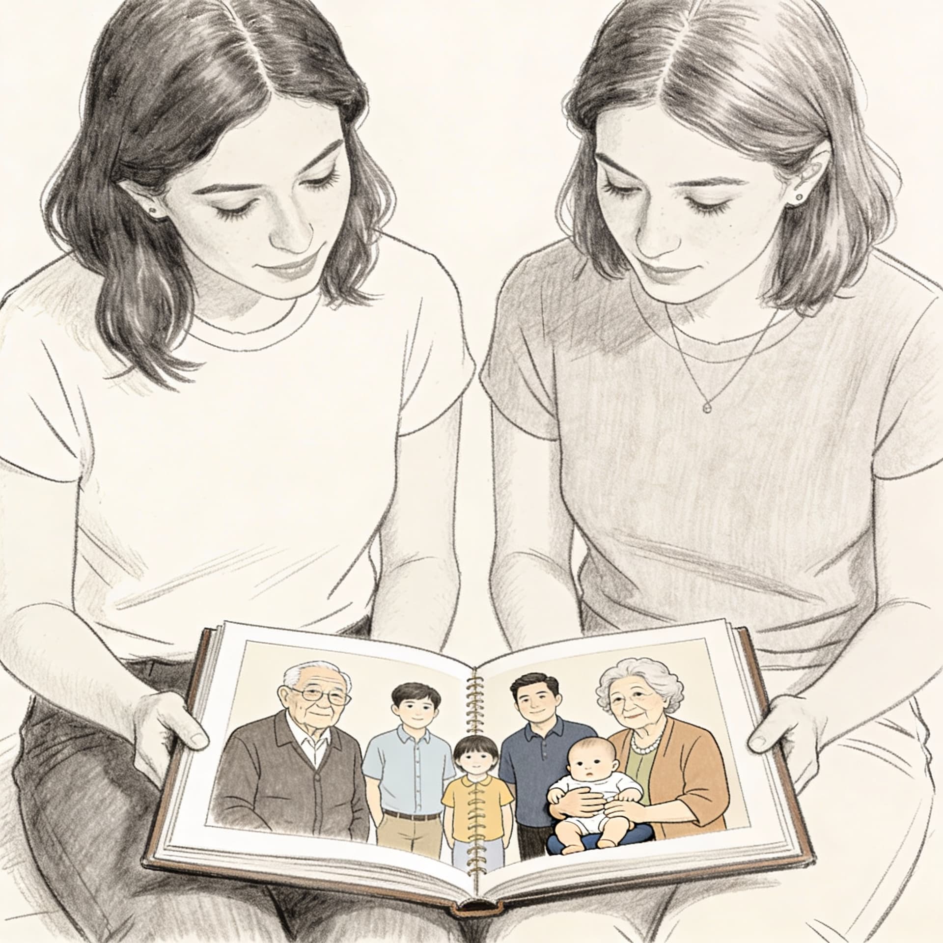 AI generated: A simple sketch of Carmen and Maria-Christine looking at a family photo album. In one of the photos ...