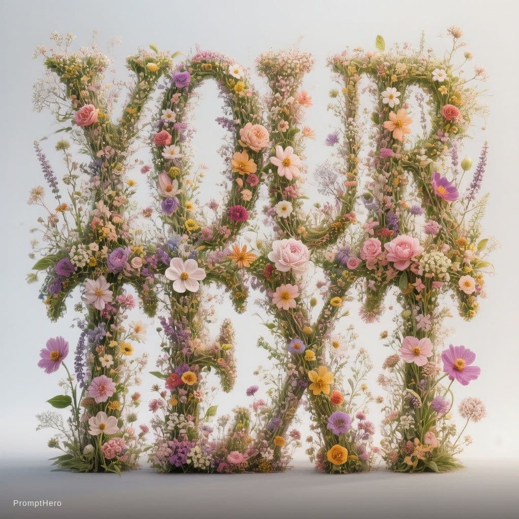 AI generated: The word "[YOUR TEXT]" transformed into an extraordinary luxury floral sculpture, entirely woven fro...